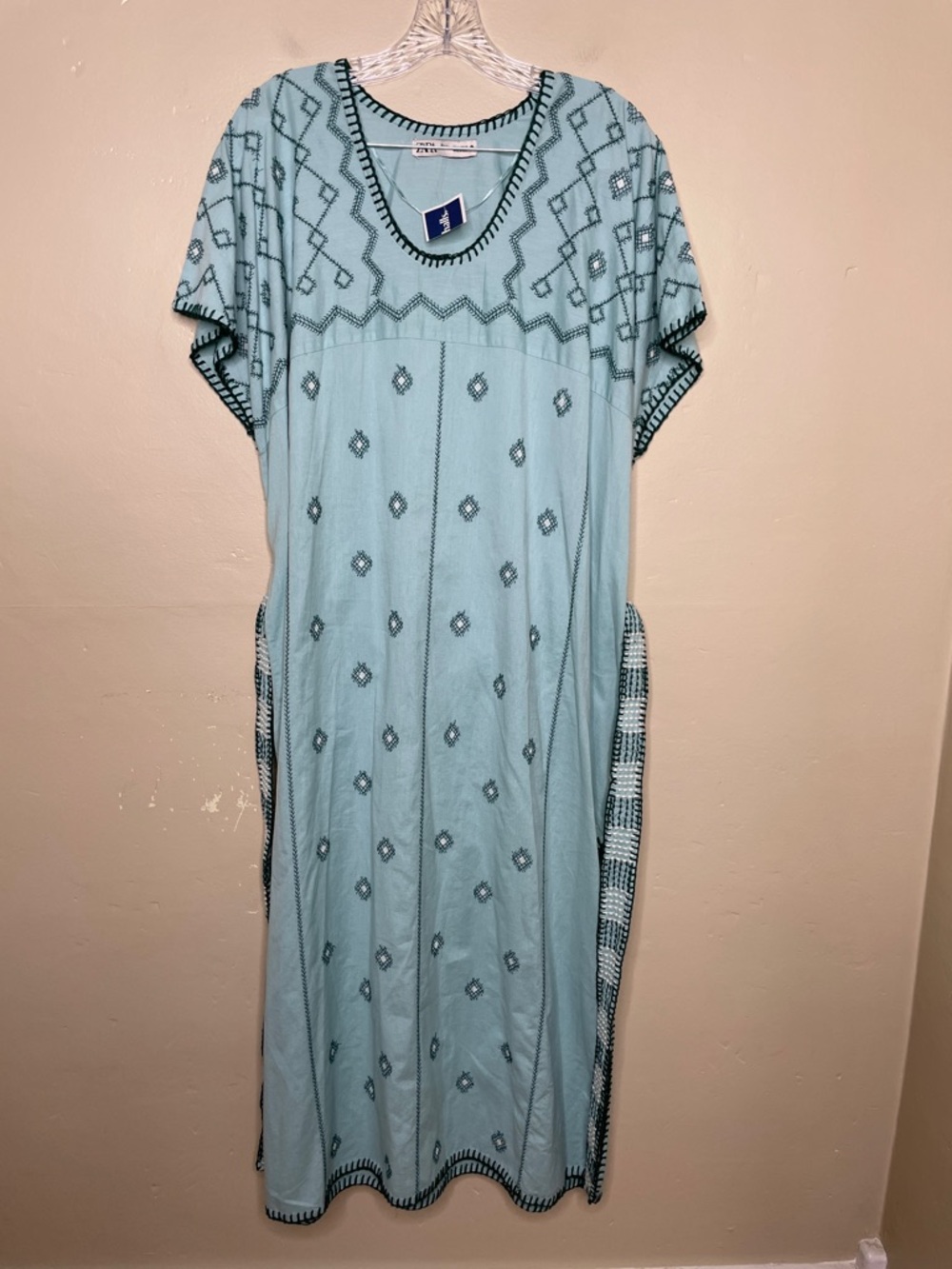 ZARA Blue Green Bloggers Fav Embroidered Linen Caftan Tunic Belted Dress NWT Lg - Picture 2 of 16